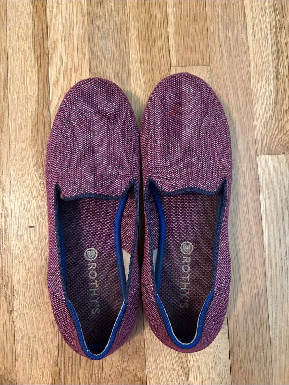 Rothy's. Kids loafer. Burgundy Flat with Blue Trim